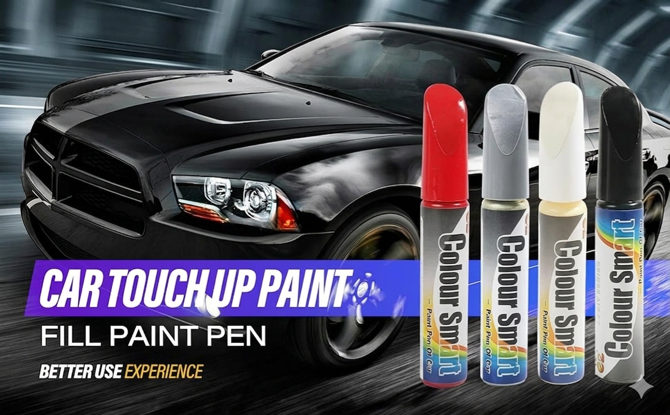 Car touch-up paint fill paint pens with a black car in the background1621243260e1af0c20-0